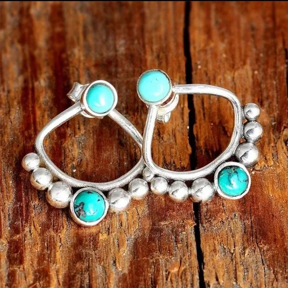 “Native Dreamer” Turquoise Antique Sterling Silver Vintage Stud Bohemian Earring - Picture 3 of 6